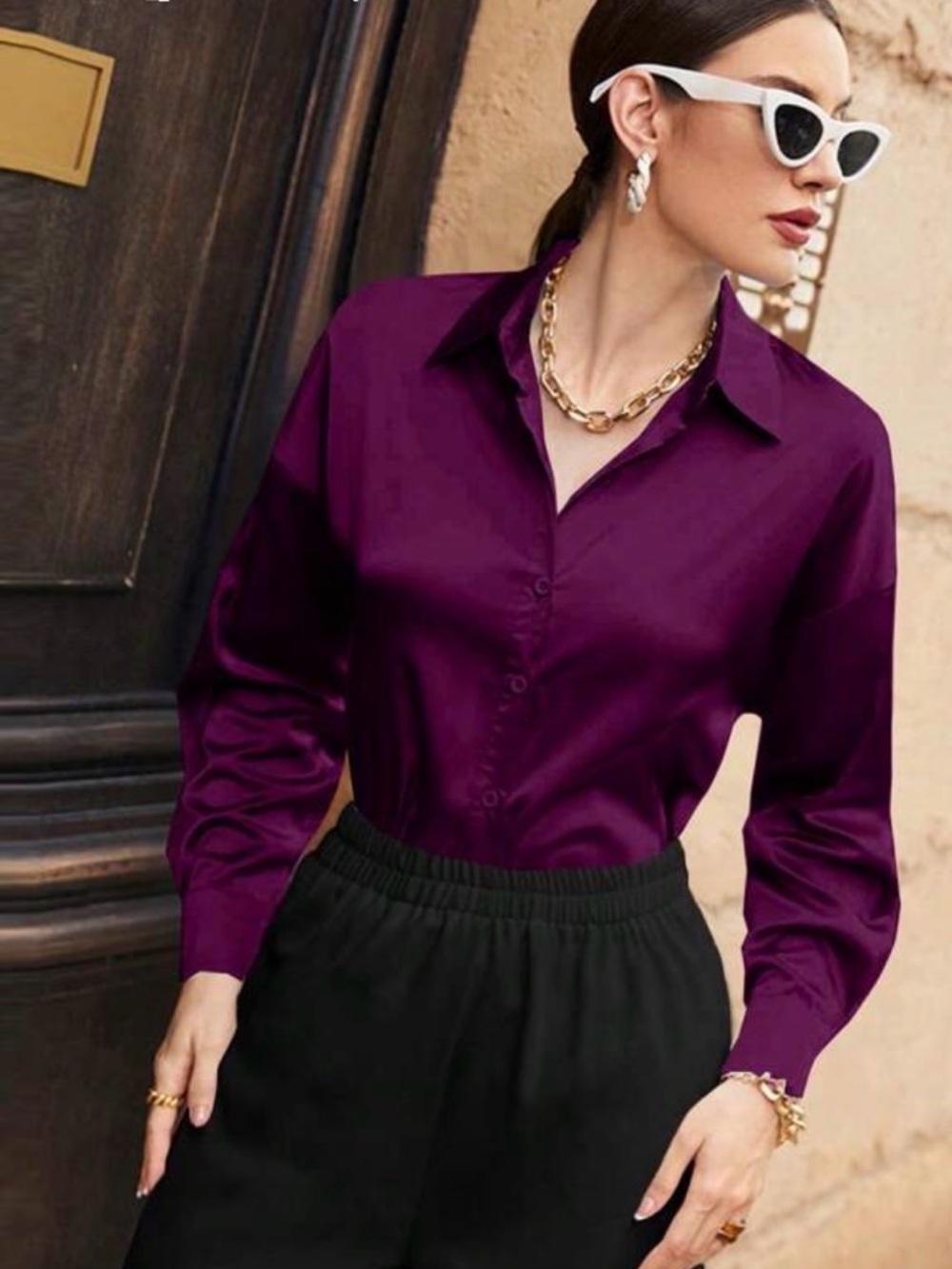 SHEIN Deep Purple Satin Button-Down Shirt